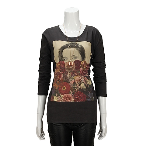 MOUSSY 专柜同款 女款黑灰色美女印花长袖T恤0106SH90-1420