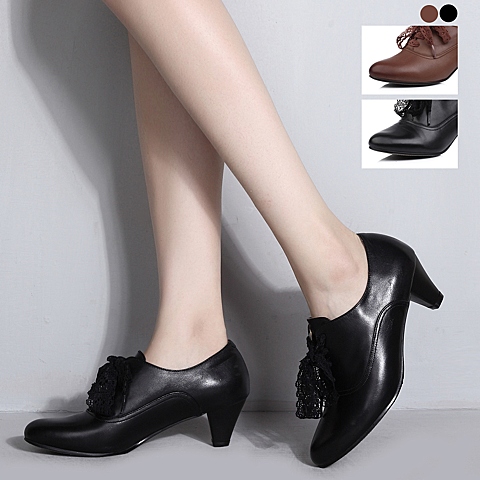 senda/森达黑色小牛皮女皮鞋4bd24cm3秋季上班通勤女鞋