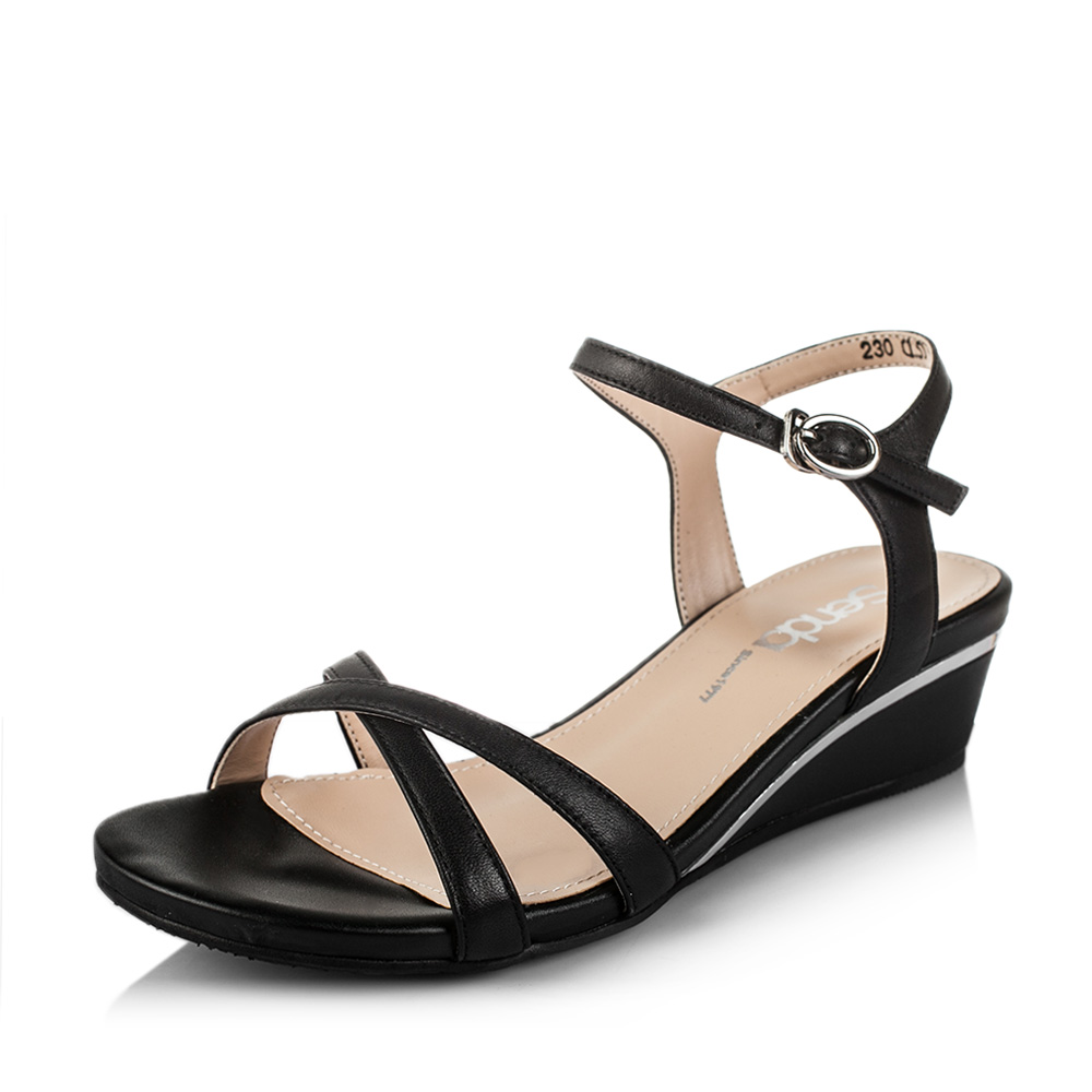 senda/森达夏季黑小牛皮简约休闲坡跟女凉鞋e3b26bl6