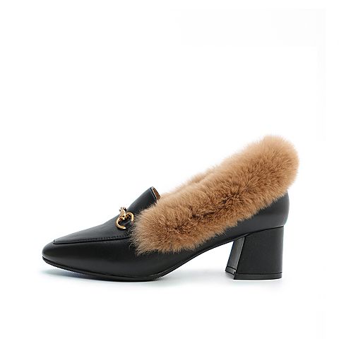 Senda/森达2020春新款欧美通勤绒毛休闲女粗跟单鞋ZWXY5AM0