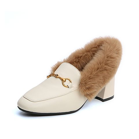 Senda/森达2020春新款欧美通勤绒毛休闲女粗跟单鞋ZWXY5AM0