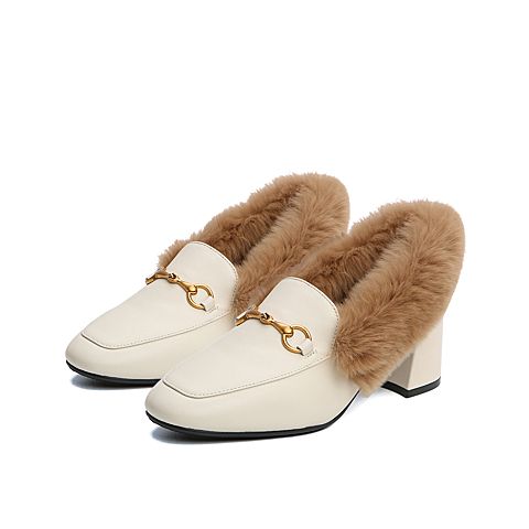 Senda/森达2020春新款欧美通勤绒毛休闲女粗跟单鞋ZWXY5AM0