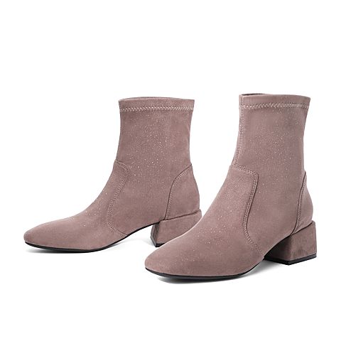森达2020冬季新款时尚性感粗跟纺织女短靴袜靴Z8044DD0