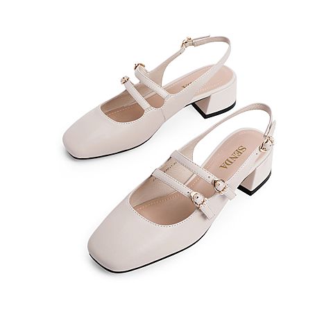 森达2021夏季新款玛丽珍珍珠休闲粗跟女后空凉鞋Z1204BH1