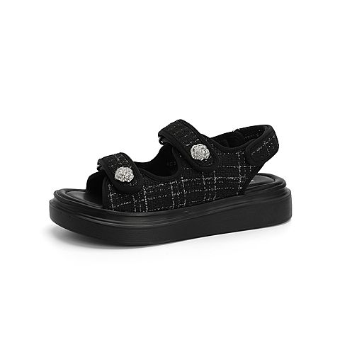 森达2021夏季新款商场同款格子毛线布厚底休闲女凉鞋4C334BL1