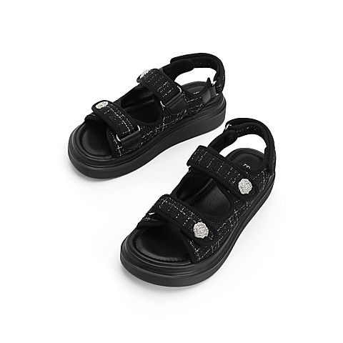 森达2021夏季新款商场同款格子毛线布厚底休闲女凉鞋4C334BL1