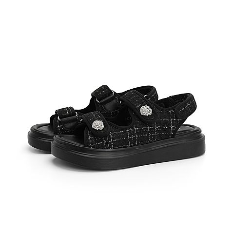 森达2021夏季新款商场同款格子毛线布厚底休闲女凉鞋4C334BL1