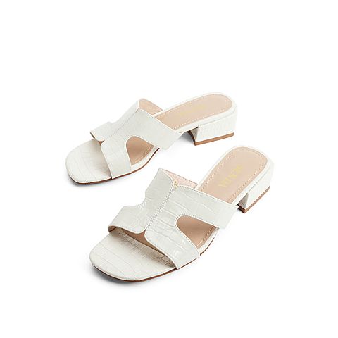 森达2021夏季新款时尚石头纹舒适粗跟外穿女凉拖鞋Z0317BT1