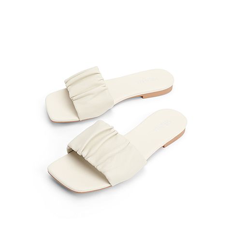 森达2021夏季新款简约褶皱居家外穿平底休闲女凉拖鞋Z0328BT1