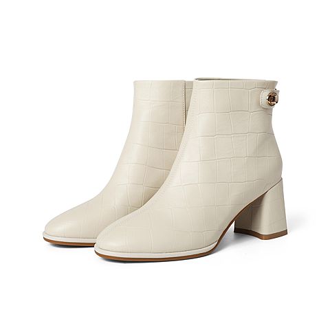 森达2021冬季新款商场同款石头纹气质粗跟女短皮靴4MF01DD1