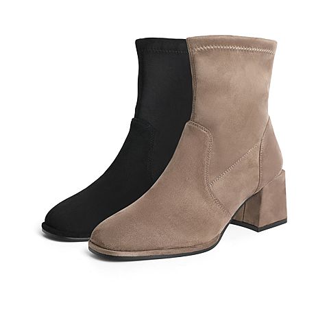 森达2021冬季新款时尚潮流显瘦ins风粗跟休闲女中筒靴Z0811DZ1