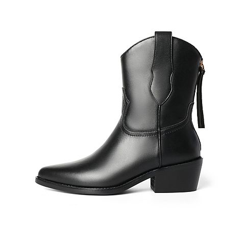 森达2021冬季新款V口尖头西部骑士牛仔靴粗跟女中筒靴Z0708DZ1