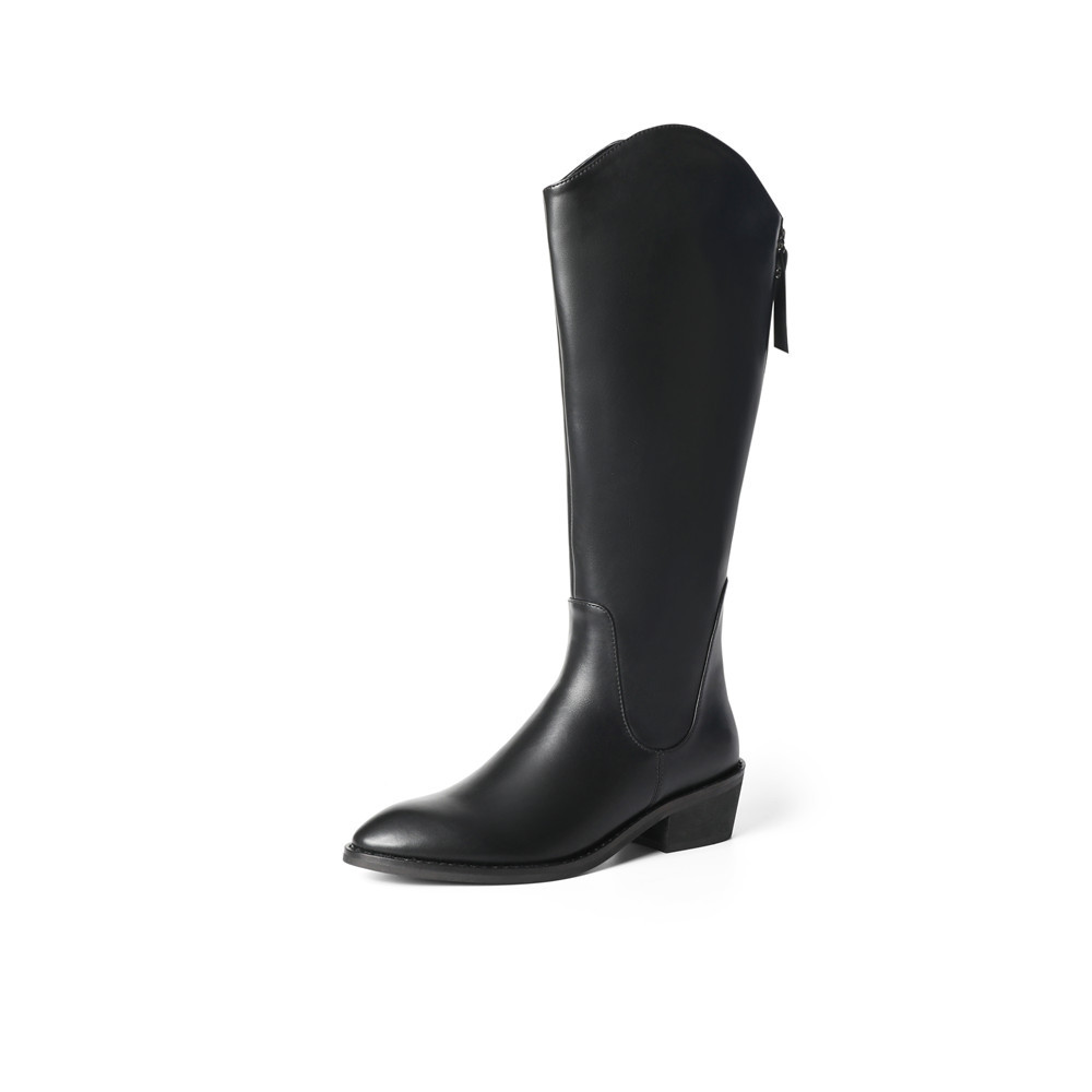 森达2021冬季新款V口尖头西部骑士靴子粗跟高筒女长筒靴Z0714DG1