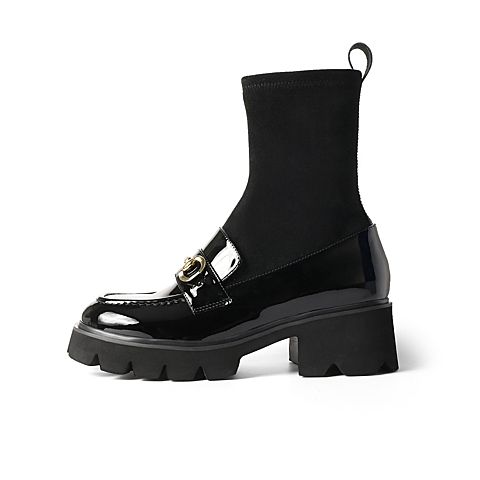 森达2021冬季新款商场同款时尚马衔扣粗跟女中筒袜靴4SR02DZ1