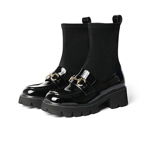 森达2021冬季新款商场同款时尚马衔扣粗跟女中筒袜靴4SR02DZ1