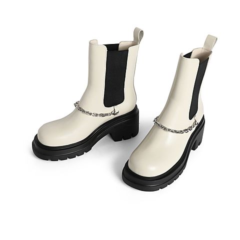 森达2021冬季新款时尚链条显瘦粗跟休闲女切尔西短靴Z0908DD1