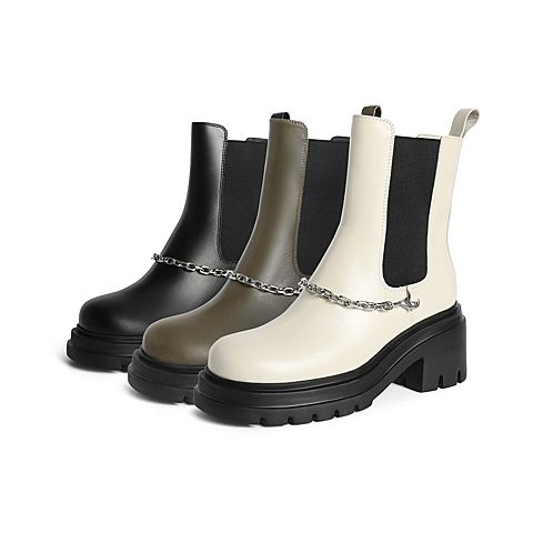 森达2021冬季新款时尚链条显瘦粗跟休闲女切尔西短靴Z0908DD1