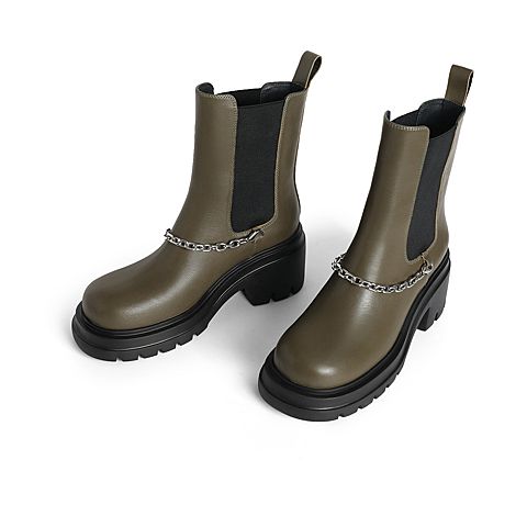 森达2021冬季新款时尚链条显瘦粗跟休闲女切尔西短靴Z0908DD1