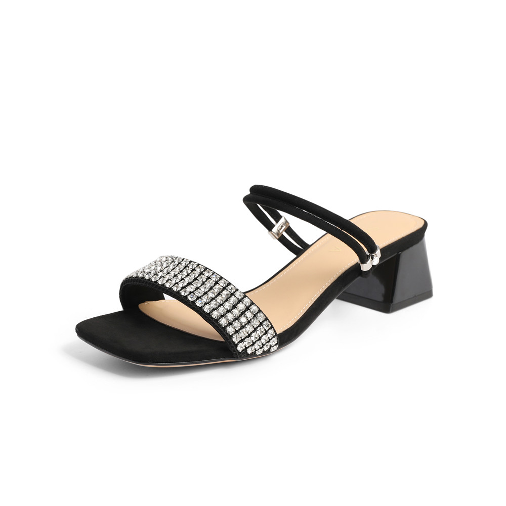 森达时尚凉鞋女2022夏新商场同款气质闪钻粗跟凉拖鞋SBB01BL2