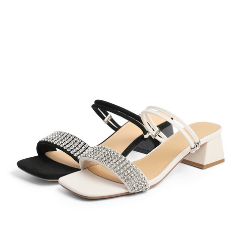 森达时尚凉鞋女2022夏新商场同款气质闪钻粗跟凉拖鞋SBB01BL2