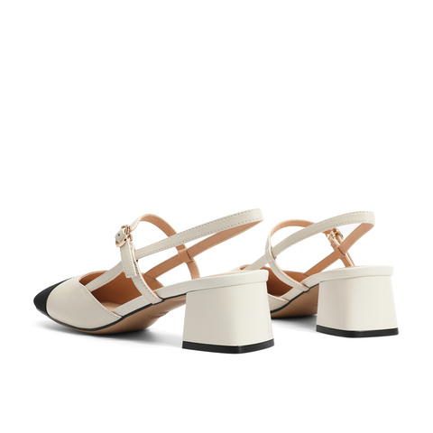 森达气质皮凉鞋女春商场同款通勤粗跟后空SND01BH3