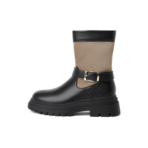 森达潮流时装靴女2023冬季新款时尚拼接皮带扣厚底休闲短靴ZTD04DD3