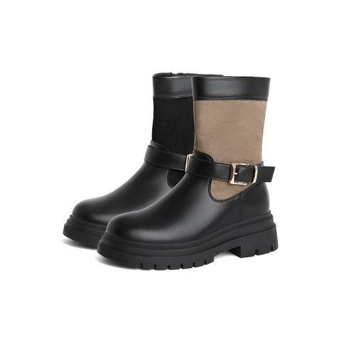 森达潮流时装靴女2023冬季新款时尚拼接皮带扣厚底休闲短靴ZTD04DD3