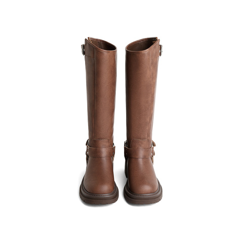 森达时尚骑士靴女2023冬季新款欧美风皮带扣户外休闲长筒靴ZTD05DG3