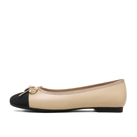 森达气质奶奶鞋女春小香风蝴蝶结舒适通勤平底浅口单鞋WPZ85CQ3