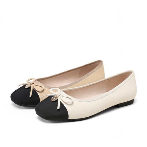 森达气质奶奶鞋女春小香风蝴蝶结舒适通勤平底浅口单鞋WPZ85CQ3