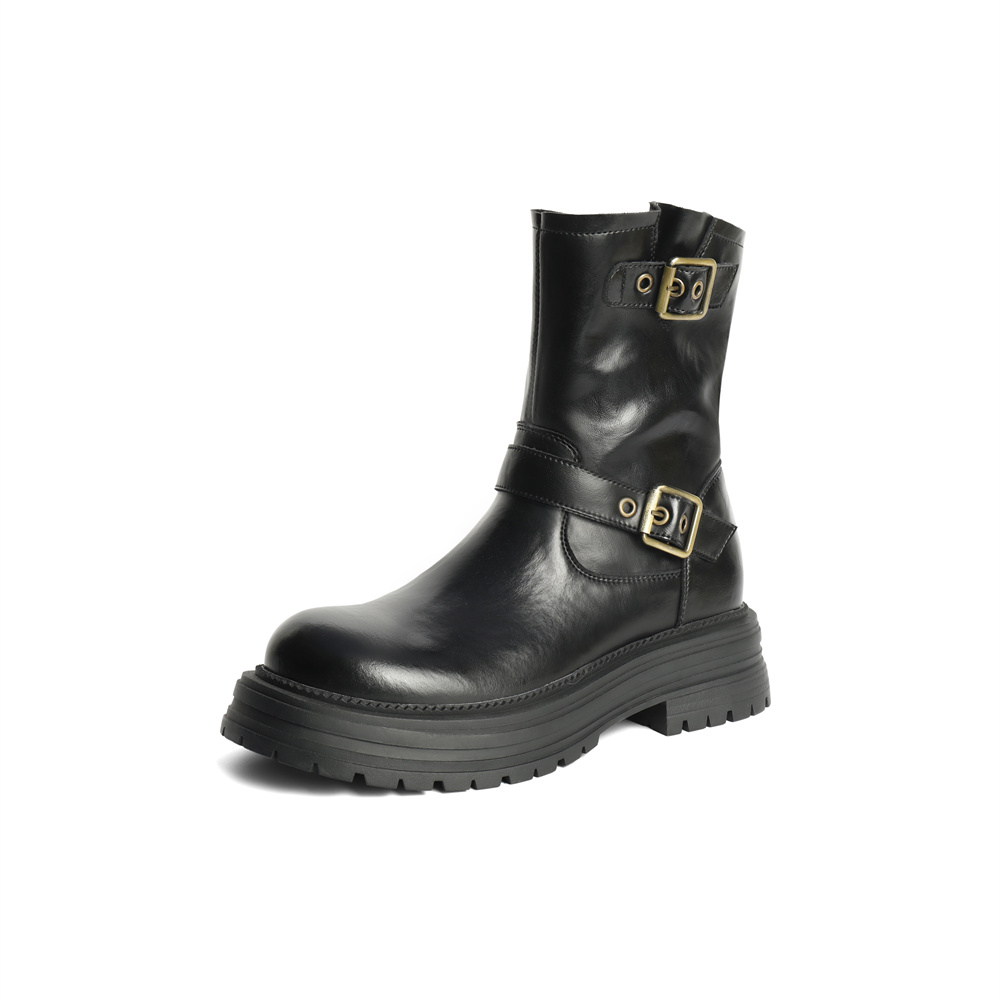 森达时装靴女款冬复古机车风厚底休闲中筒靴ZTE28DZ4