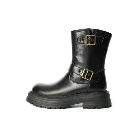 森达时装靴女款冬复古机车风厚底休闲中筒靴ZTE28DZ4