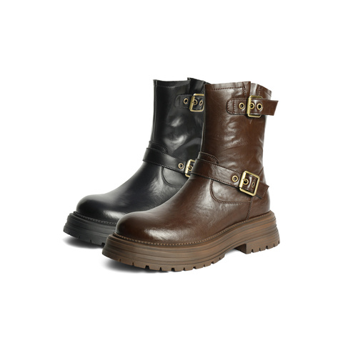 森达时装靴女款冬复古机车风厚底休闲中筒靴ZTE28DZ4