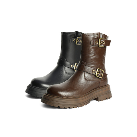 森达时装靴女款冬复古机车风厚底休闲中筒靴ZTE28DZ4