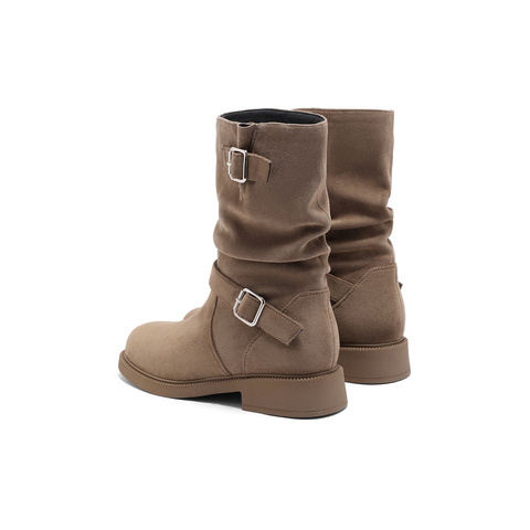 森达骑士靴女款冬新复古西部机车风户外休闲中高靴ZTE42DS4