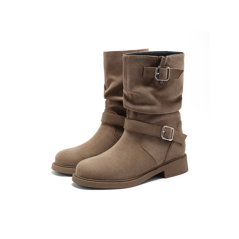 森达骑士靴女款冬新复古西部机车风户外休闲中高靴ZTE42DS4