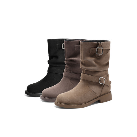 森达骑士靴女款冬新复古西部机车风户外休闲中高靴ZTE42DS4