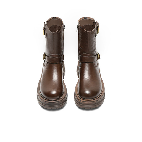 森达时装靴女款冬复古机车风厚底休闲中筒靴ZTE28DZ4