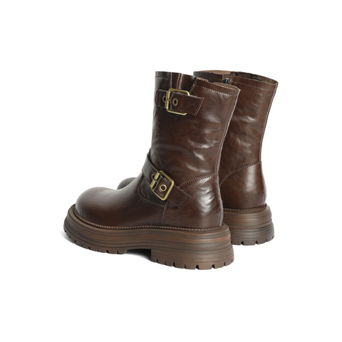 森达时装靴女款冬复古机车风厚底休闲中筒靴ZTE28DZ4