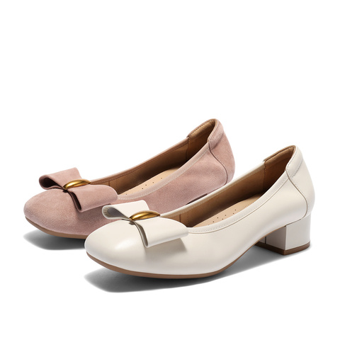森达通勤鞋女款2025秋季新款时尚蝴蝶结粗跟浅口单鞋WP020CQ5