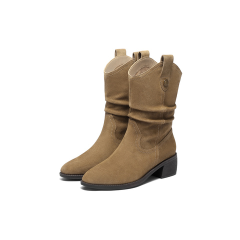 森达西部靴女2025冬新商场同款粗跟烟筒皱皱中筒靴4QH60DZ5