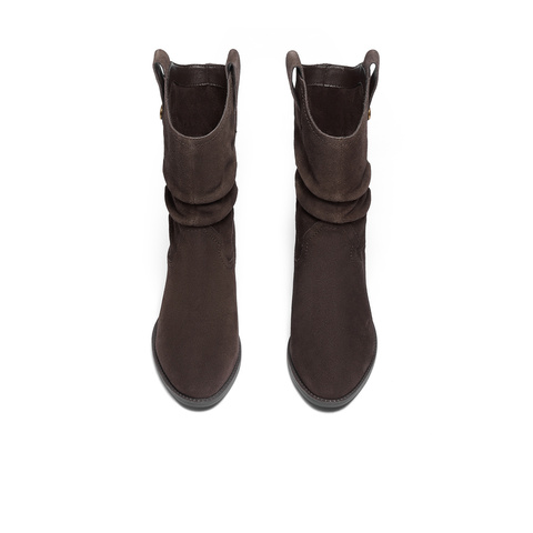 森达西部靴女2025冬新商场同款粗跟烟筒皱皱中筒靴4QH60DZ5