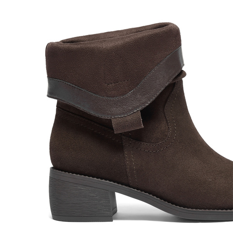 森达西部靴女2025冬新商场同款粗跟烟筒皱皱中筒靴4QH60DZ5