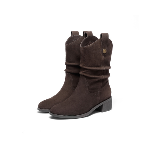 森达西部靴女2025冬新商场同款粗跟烟筒皱皱中筒靴4QH60DZ5