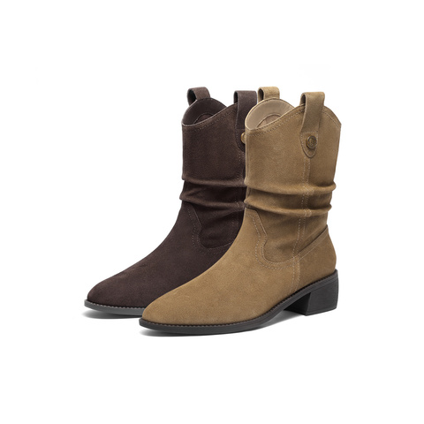 森达西部靴女2025冬新商场同款粗跟烟筒皱皱中筒靴4QH60DZ5