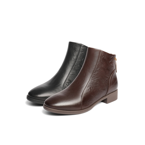 森达休闲靴女2025冬季新款商场同款抓纹皮短皮鞋4T649DD5