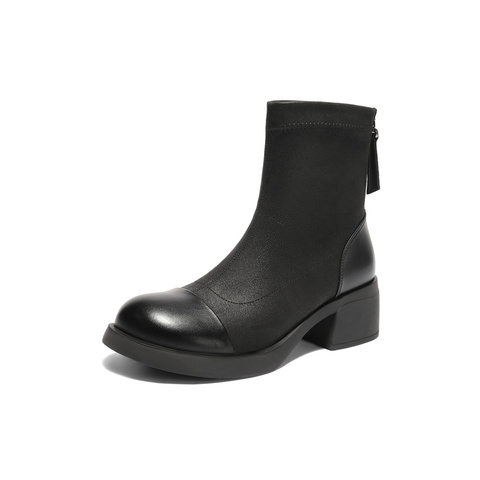 森达弹力靴女2025冬季新款商场同款舒适弹力粗跟短靴XSY01DD5