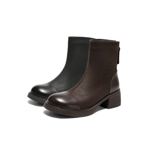 森达弹力靴女2025冬季新款商场同款舒适弹力粗跟短靴XSY01DD5