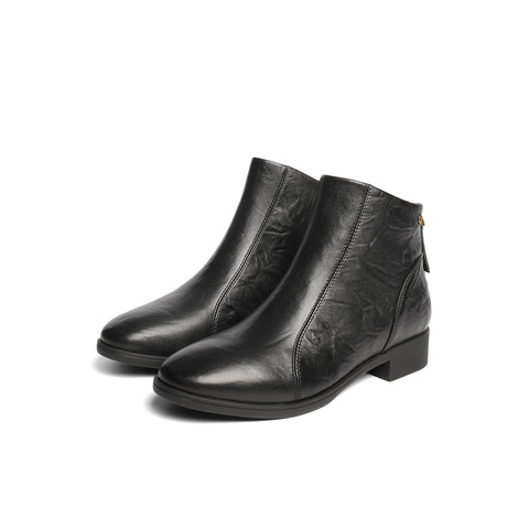 森达休闲靴女2025冬季新款商场同款抓纹皮短皮鞋4T649DD5