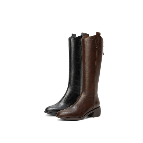 森达西部靴女2025冬季新款商场同款抓纹粗跟长筒靴4QH80DC5